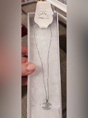 Fashion Jewelry Silver-Tone Sparkling Double-C Logo Pendant Necklace, NEW